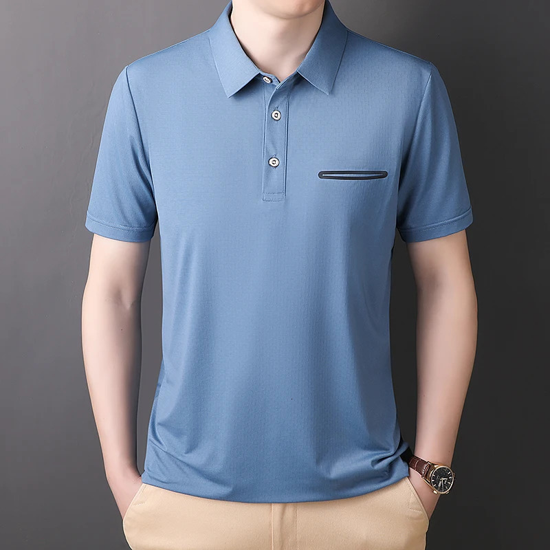 Simple Summer Solid Color Ice Silk Vertical Stripe POLO Shirt for Mens Loose Sports Polo Neck Short Sleeve Tshirt Top 241213