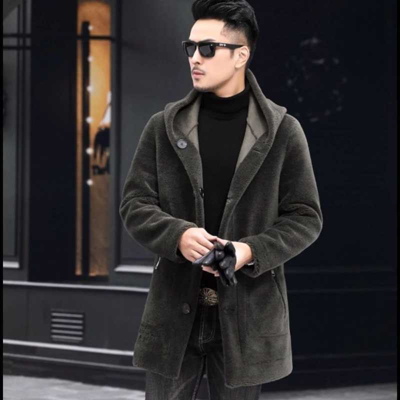 Mens winter long casual thick wool hooded waterproof jacket mens real fur coat retro clothing G436 W241213