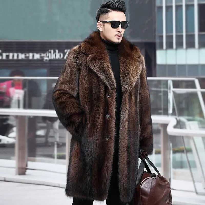 Mens long fur coat winter warm mink coat loose casual windproof jacket W241213