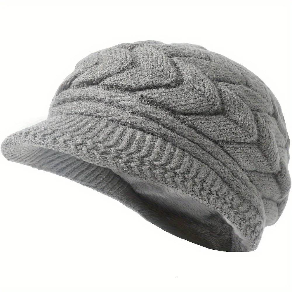 1pc Winter Knit Hats with Visor Brim Double Soft Lining for Women Warm Stylish Beanie Hats Slouchy Snow Caps 241214
