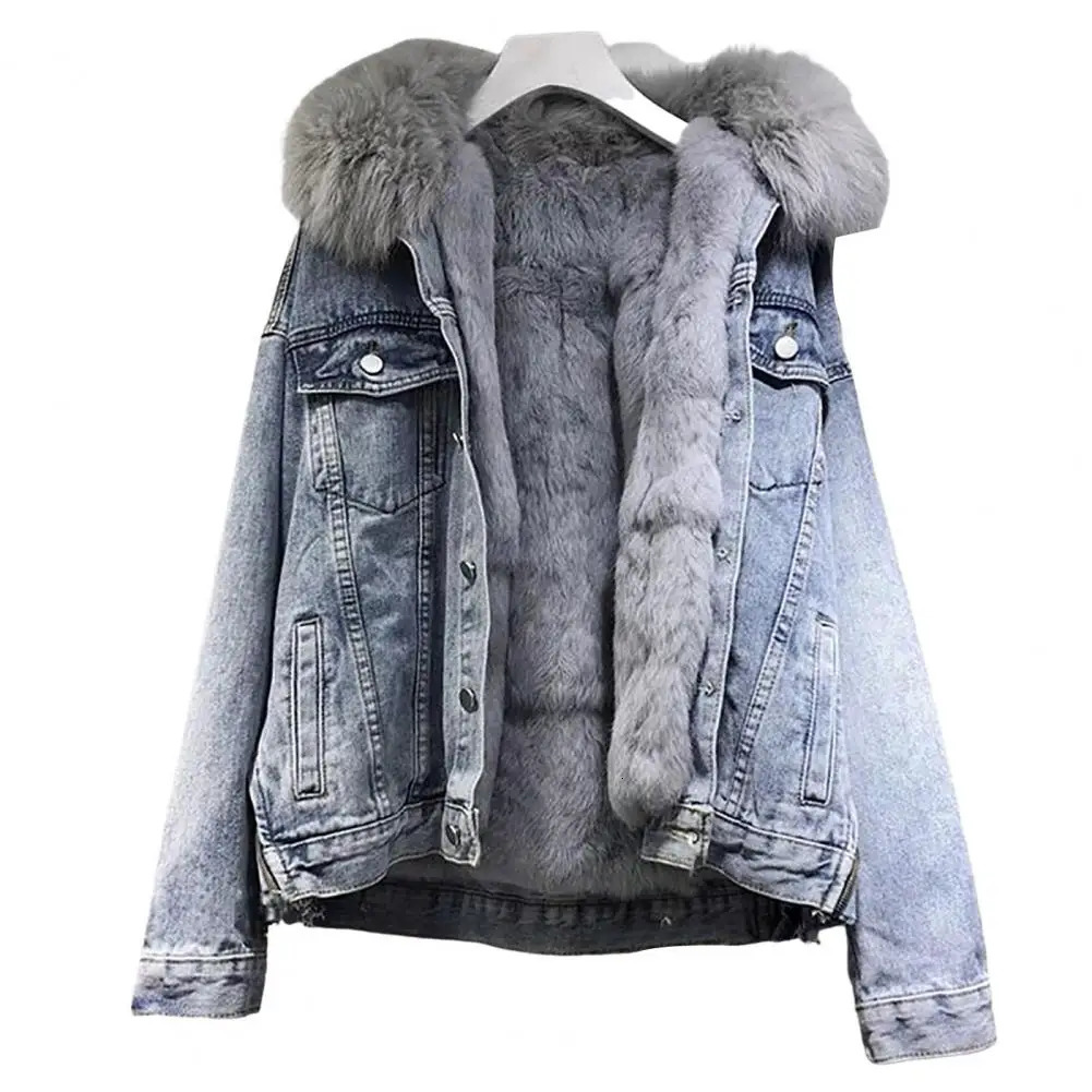 Winter womens coat faux fur retro hooded thick singlelayer warm open collar wool lapel pocket denim 241211