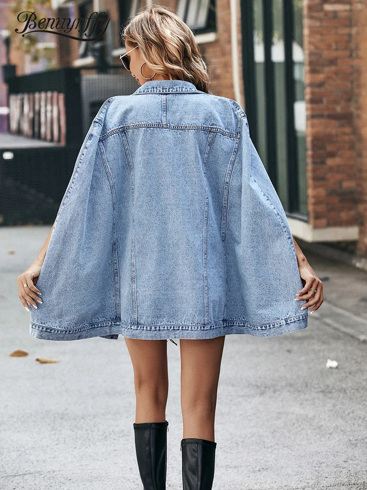 Benuynfy single chest open top denim jacket for womens spring and autumn fashion retro pocket loose streetwear 241211