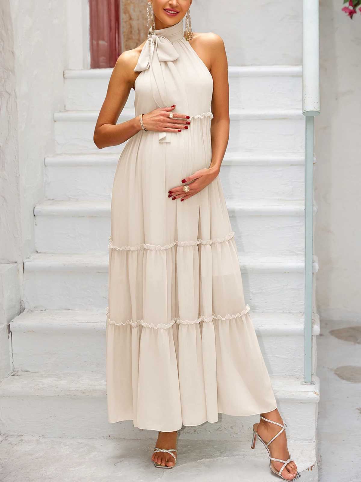 ItsRoya Chiffon O Neck Casual Materni Dress Loose Ruffle Pregnant Photography Props Dresses Sleeveless Women Dress With RibbonXJ241213