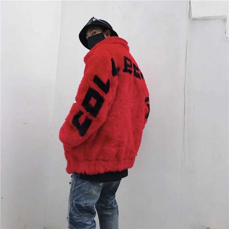 Winter coat new mens fur jacket imitates mink fur loose letter coat zipper pocket lapel thick cotton jacket top W241213