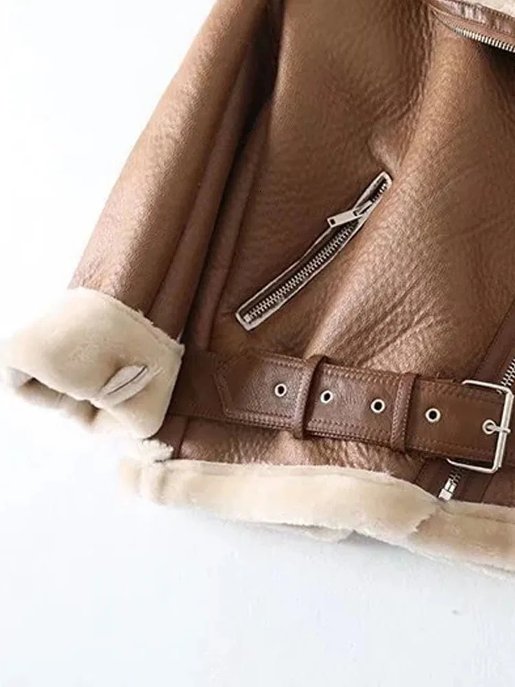 XNWMNZ Winter Coat Womens Thick Artificial Leather Fur Sheepskin Coat Womens Leather Jacket Pilot Jacket Casaco Feminino 241210
