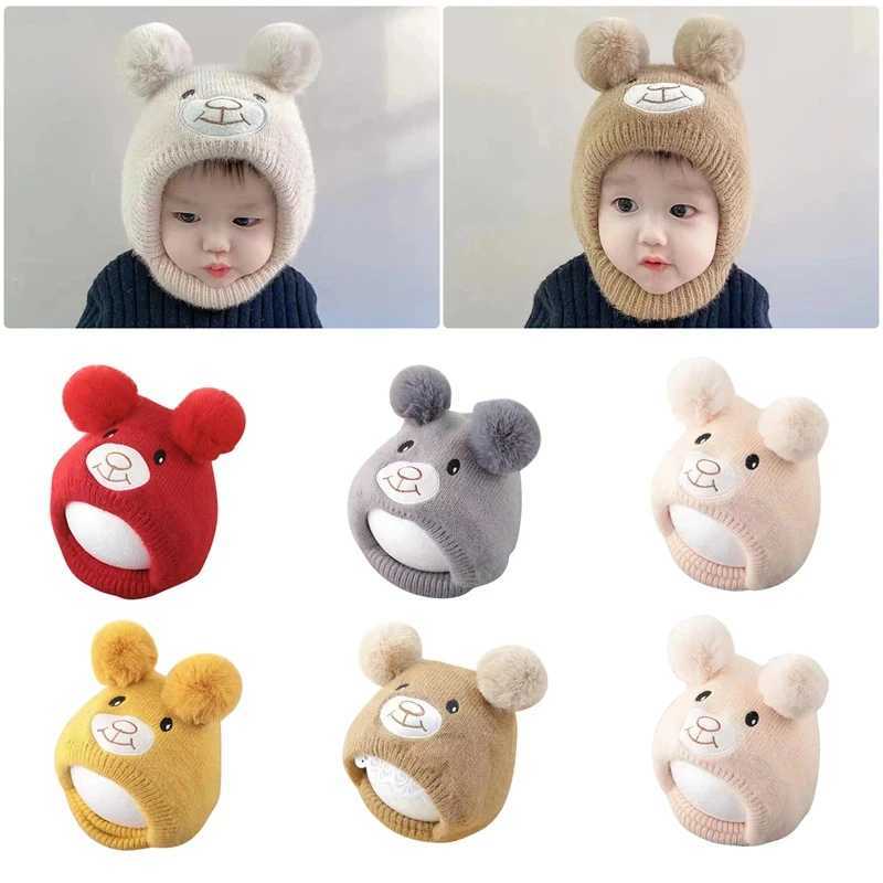 Cute bear bean hat suitable for boys and girls fluffy and warm knitted hat collar autumn winter toddler earmuffs W241213
