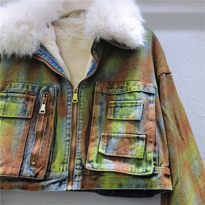 Fashion splicing large fur lapel long sleeved denim jacket womens winter thick zipper denim jacket autumn trendy 16O3165 241210