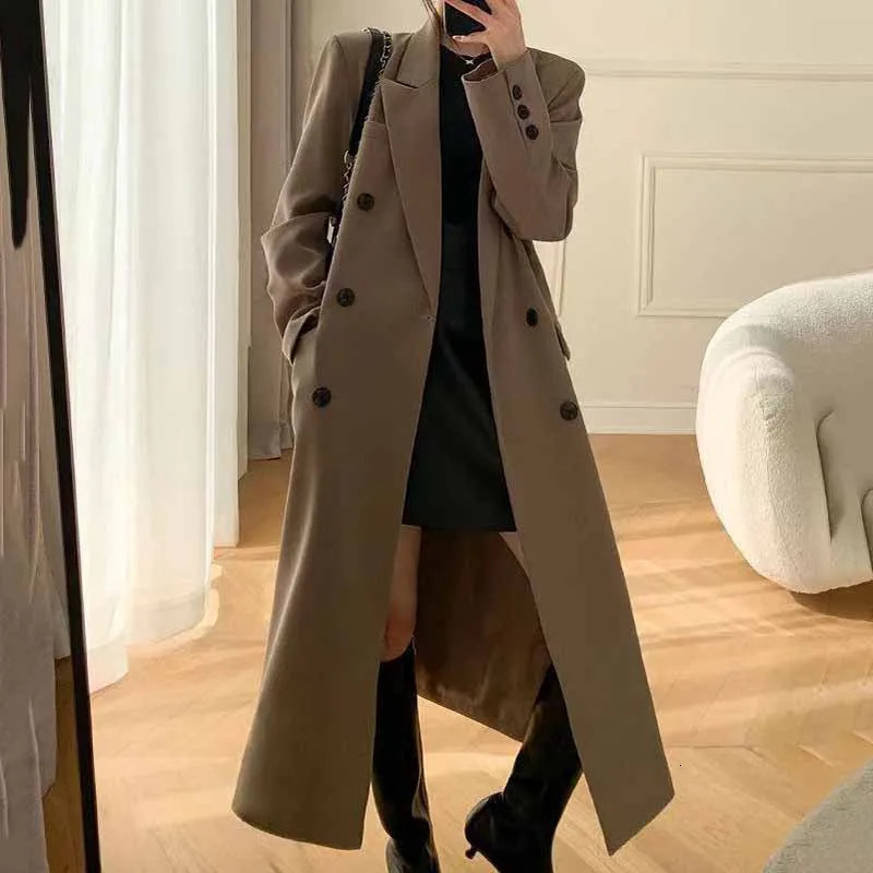 Lucyever Korean Style Chic Office Lady Long Blazers Elegant Double Breasted Blazer Jacket Women Fashion Streetwear Trench Coat 241209