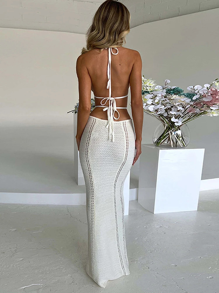 Knitted lace camisole midi dress Bodycon sexy streetwear party club set beach crochet long skirt autumn and winter 241212