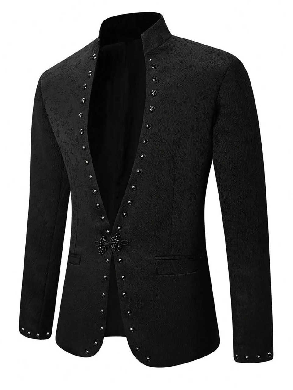 Men's Wedding Tuxedo Suit Separates - Custom Made, No Lapel, Lace Applique Jacket, One Button, Pockets, Formal Prom Party, Tailored Handsome