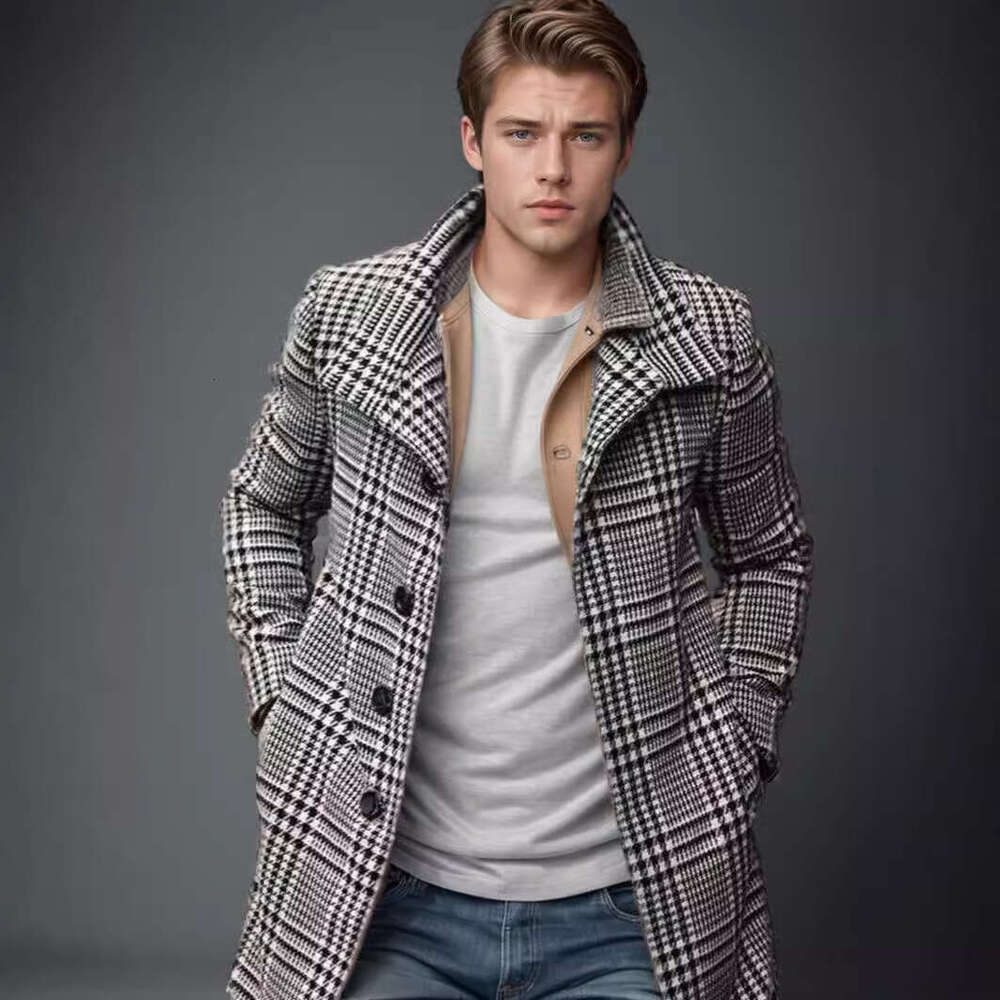 European American Autumn And Winter New Plaid Lapel Woolen Mid To Long Length Coat, Fashionable Quality Classic