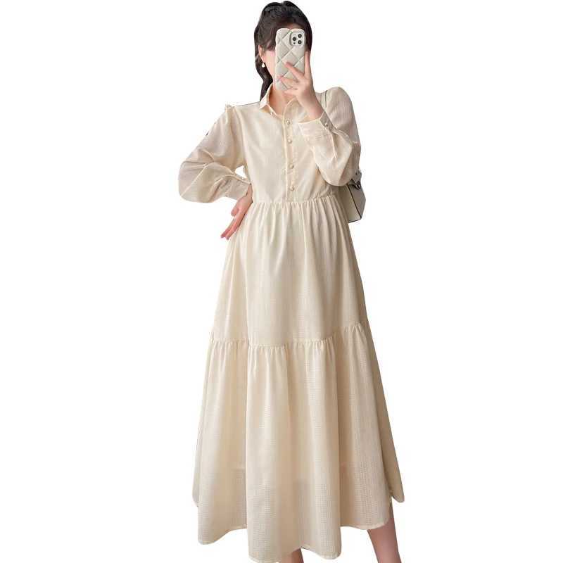 2024 Autumn Materni Brief Dress Solid Color Long Sleeve Turn-down Collar Plus Size Pregnant Woman Elegant Chiffon Dress BeigeXJ241213