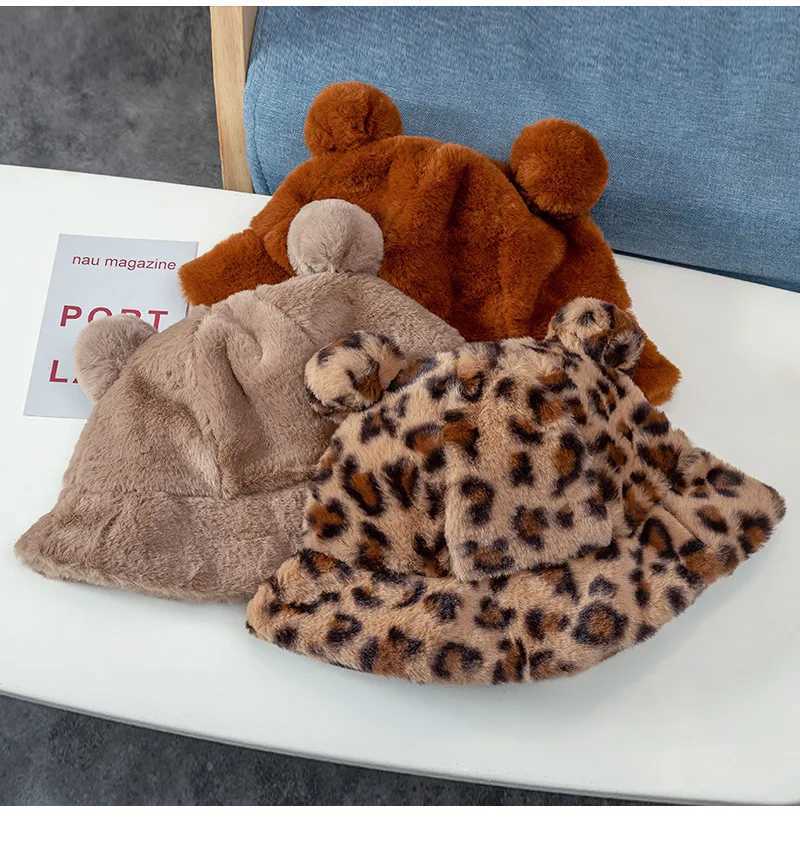 Cute Japanese leopard print ear plush fisherman hat for children with thick hair and warm fisherman hat in winter W241213
