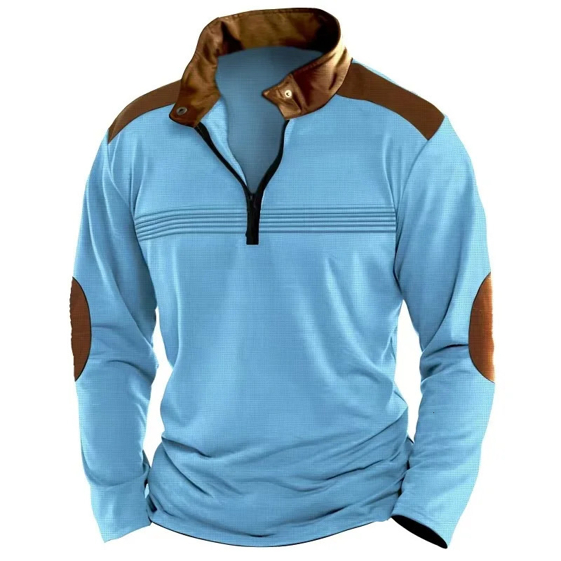 AutumnWinter Fashion Everyday Casual Solid Color Zipper Chest Pleated Stripe Patchwork Comfortable LongSleeved POLO Shirt 241213