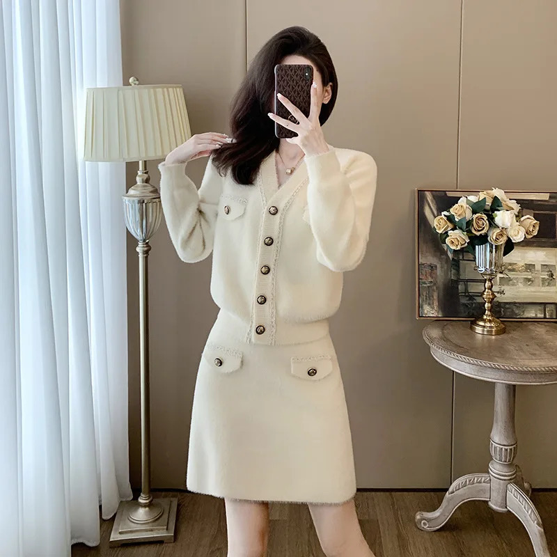 Pink Faux Mink Fur Knitted Two Piece Set Womens Outfits Sweet Single Breasted Sweater Cardgain Mini A Line Skirt Suits Female 241211