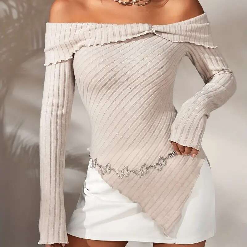 Hot selg European American 2023 autumn and winter new women's clothing solid color long sleeved one piece collar irregular hem top for women