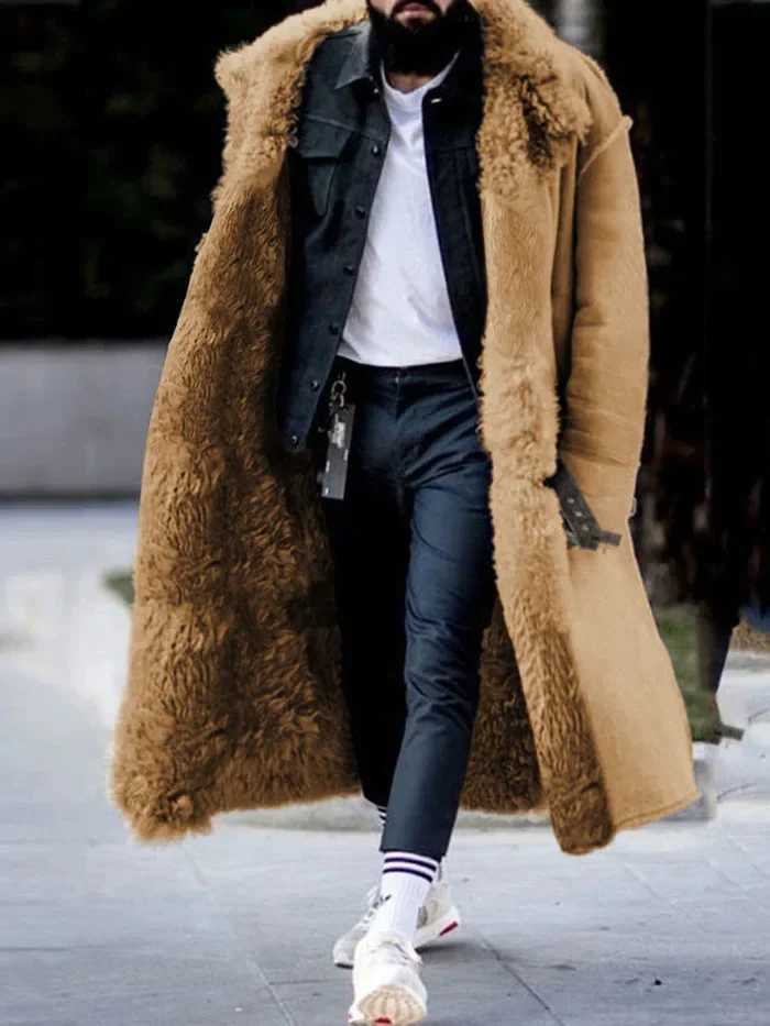 Mens autumn and winter coat faux fur leather jacket solid color long sleeved button collar warm casual fashionable comfortable regular W241213
