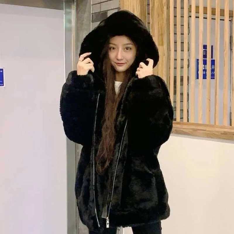 Winter Warm Elegant Thick Artificial Fur Coat Womens Loose Casual Belt Black Womens Jacket Korean Fashion Grey Toothed Coat New Cute X241214