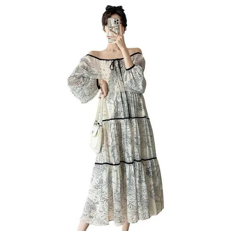 2024 Spring Autumn Materni A-line Dress Plus Size Shoulderless Pregnant Woman Chiffon Dress Vintage Printing Pregnancy DressesXJ241213