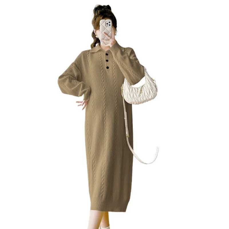 Korean Sle Autumn Materni Dress Button Fly Turn-down Collar Long Sleeve Pregnant Woman Knitting Dress Pregnancy Long SweaterXJ241213