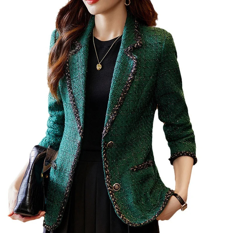 Autumn Winter Ladies Casual Blazer Women Black Green Beige Plaid Jacket Female Long Sleeve Single Breasted Slim Coat 241209