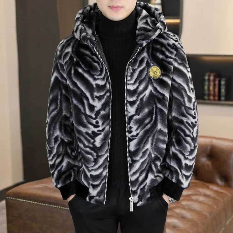 Luxury retro winter hooded faux fur mink jacket for men warm and casual business simulation fur coat office social mens clothing W241213