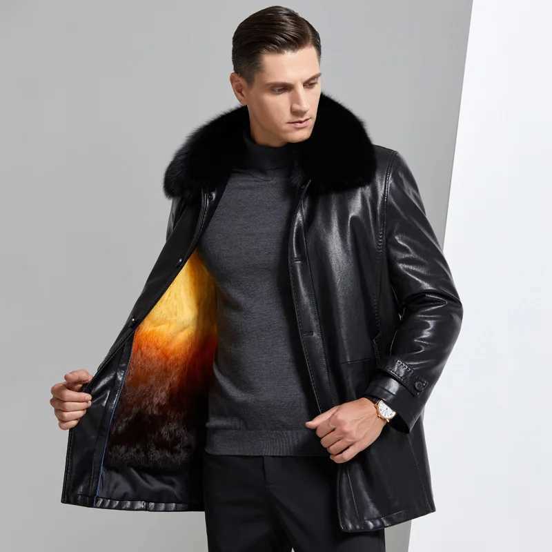 Winter middle-aged and elderly mens detachable fur collar casual leather jacket W241213
