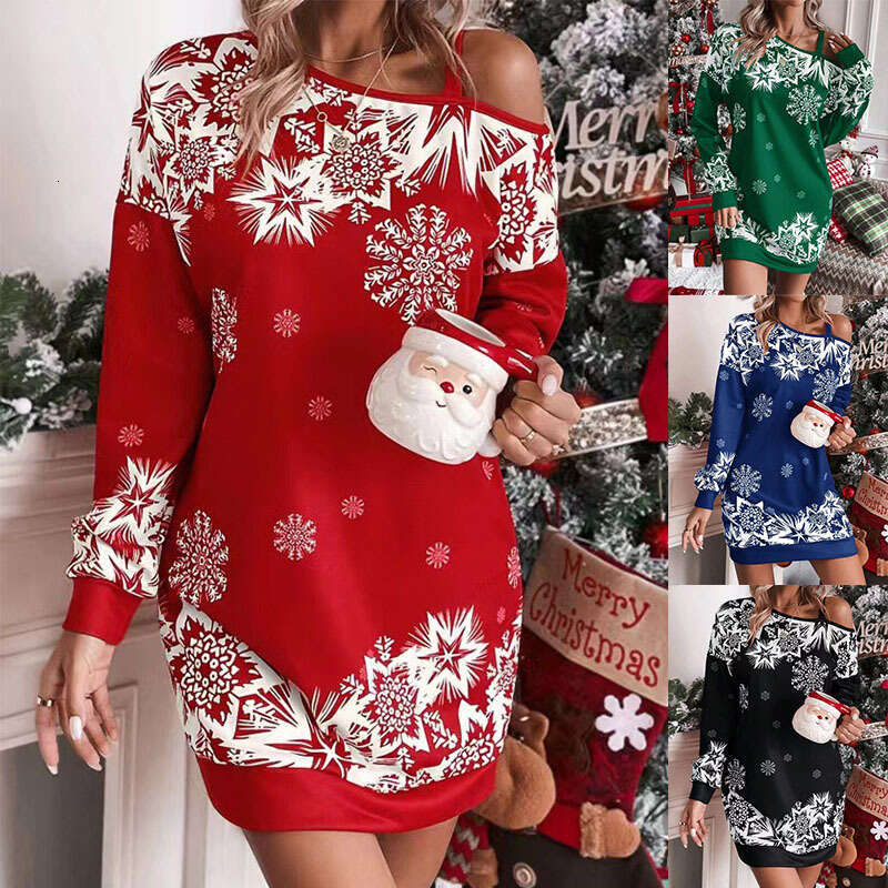 Christmas Snowflake European American Printed Long Sleeve Slanted Shoulder Autumn/Winter Dress for Women 2024 New Style, Unique and Elegant Clothing
