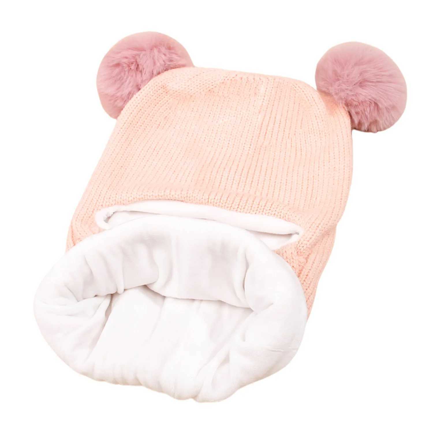 Winter Childrens Balaclava Hat Double Puff Knitted Bean Hat Baby Boys and Girls Warm Thick Wool Lining Childrens One Piece Hat Scarf W241213
