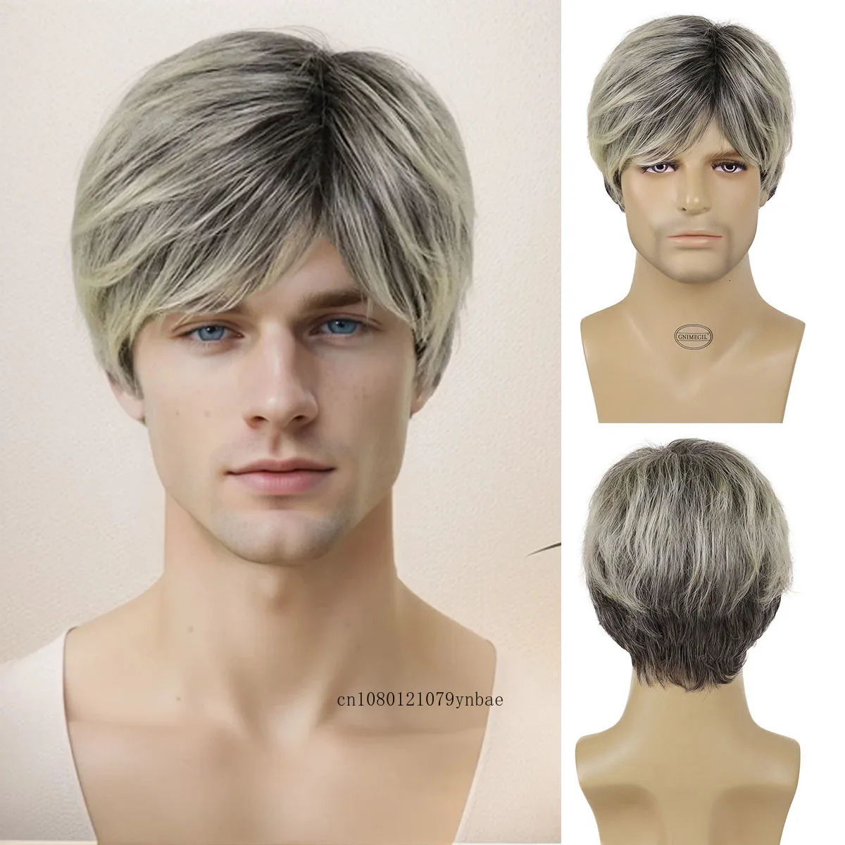Pixie Cut Natural Wavy Synthetic Hair Wigs Short Mix Grey Wig with Bangs for Cool Men Male Daily Costume Party Heat Resistant 241213