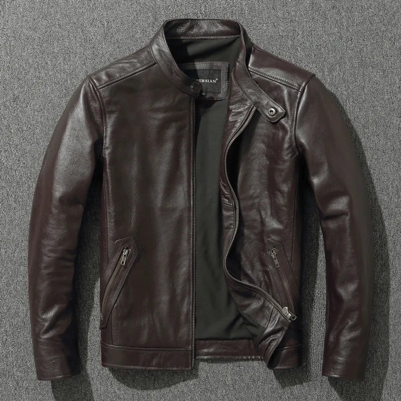 Top Layer Cowhide Jacket Fashion SlimFit Stand Collar Leisure Bomber 100 Genuine Leather Mens Vintage Short Zipper M 241214