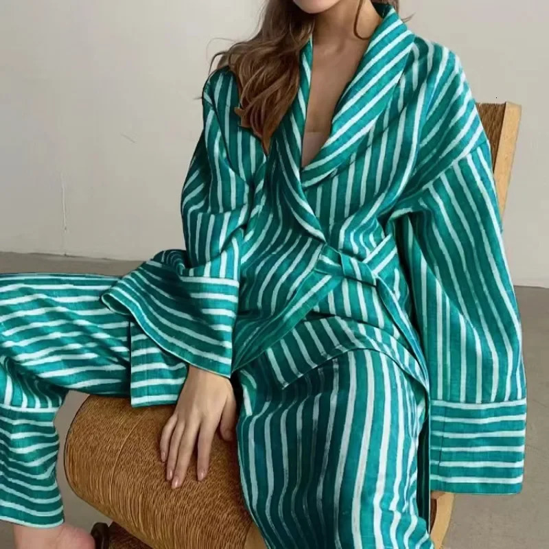 Autumn Casual Stripe Suits Elegant High Waist Wide Pants Set Fashion Lapel Long Sleeve Shirts Two Piece Set Women Outfit 241214