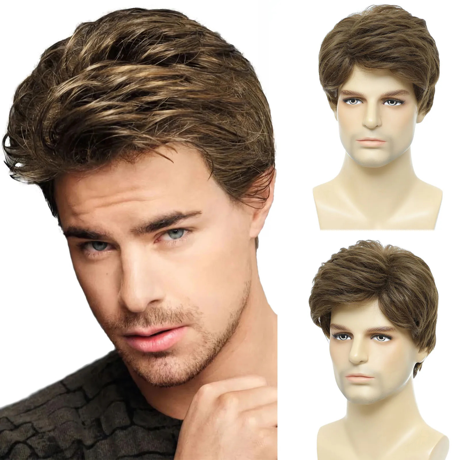 BCHR Mens Wig Short Brown Wig Men Layered Natural Fluffy Synthetic Hair Halloween Costume Wigs for Male Man 241213