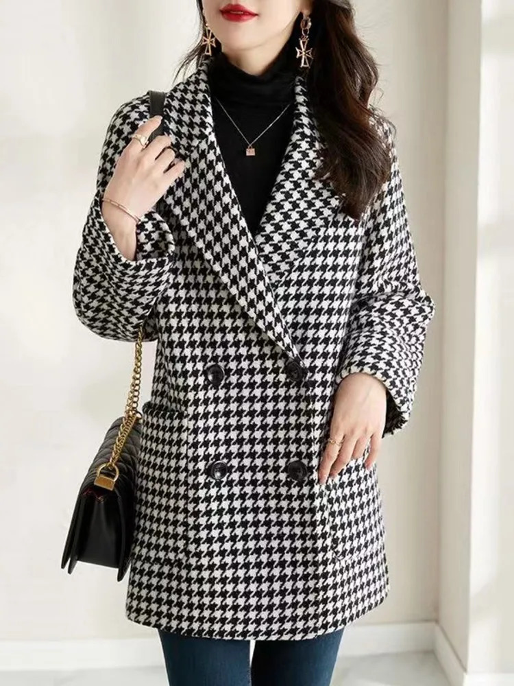 EWQ Check Long Sleeve Double Breasted Doublefaced Woolen Blazer Coat Office Lady Suit Jacket Winter Autumn 16O2707 241209