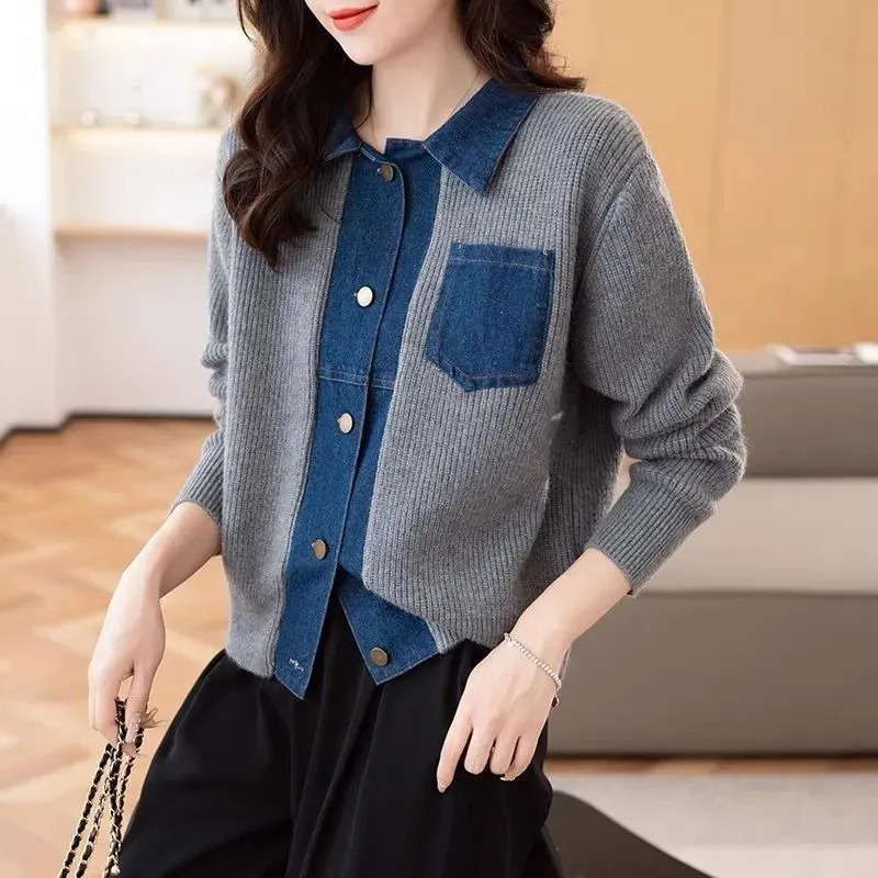 Fashion denim patchwork lapel knitted jacket for womens spring and autumn cardigan wool sweater top 2025 item 241211