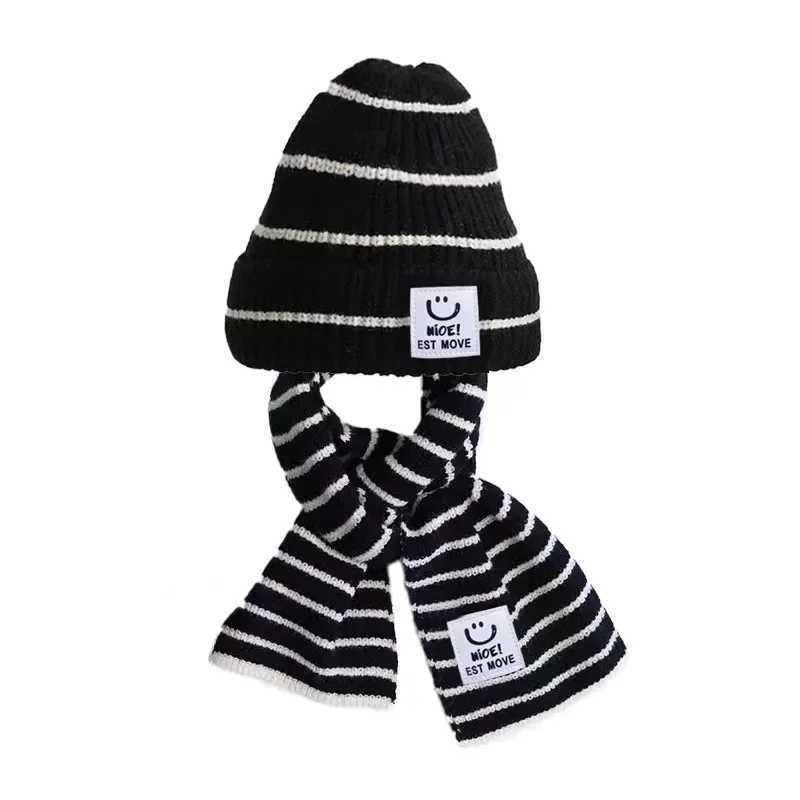 Korean Fashion Childrens Beanie Scarf Set Boys and Girls Black and White Striped Scarf Hook Knitted Hat Set Autumn Warm Knitted Hat W241213