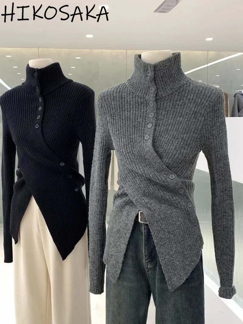 Korean Chic Elegant Slim Fit Cardigan Cross Button Simple Long Sleeve Turtleneck Sweaters 2024 Autumn Allmatch Solid Jumper 241214