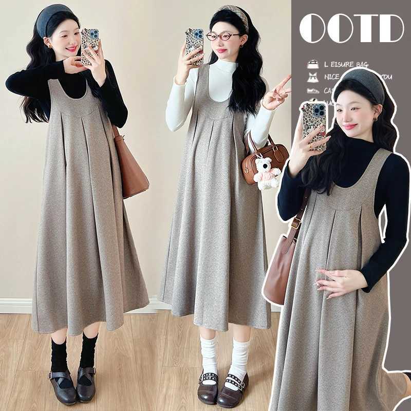 Korean Sle Autumn Materni Strap Dress Solid Color Long Loose Pregnant Woman Pleated Dress Sweet Pregnancy Woolen Dress CuteXJ241213
