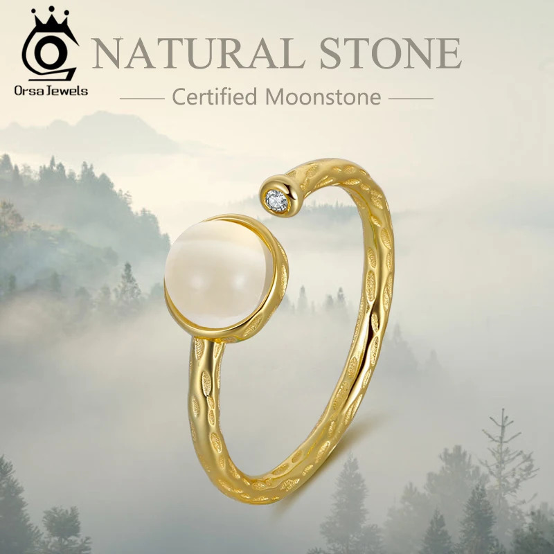 ORSA JEWELS Hammered Sterling Silver Handmade Adjustable Ring with 6mm Genuine Natural Moonstone Gemstone Jewelry for Girl GMR08 241214