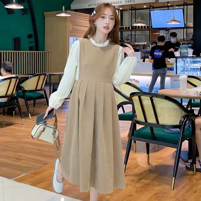 Pregnant Womens Clothing for Autumn Block Color Patchwork Long Sleeve Ruffle Collar Materni Pleated Dress Office Lady ClothesXJ241213
