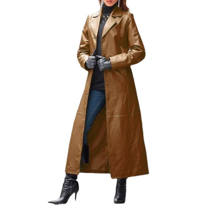 New European American Women's Buttoned Extended Length Coat, Slim Fit And Slimming, Plus Size Leather Windbreaker, Fashionable Quality, Classic