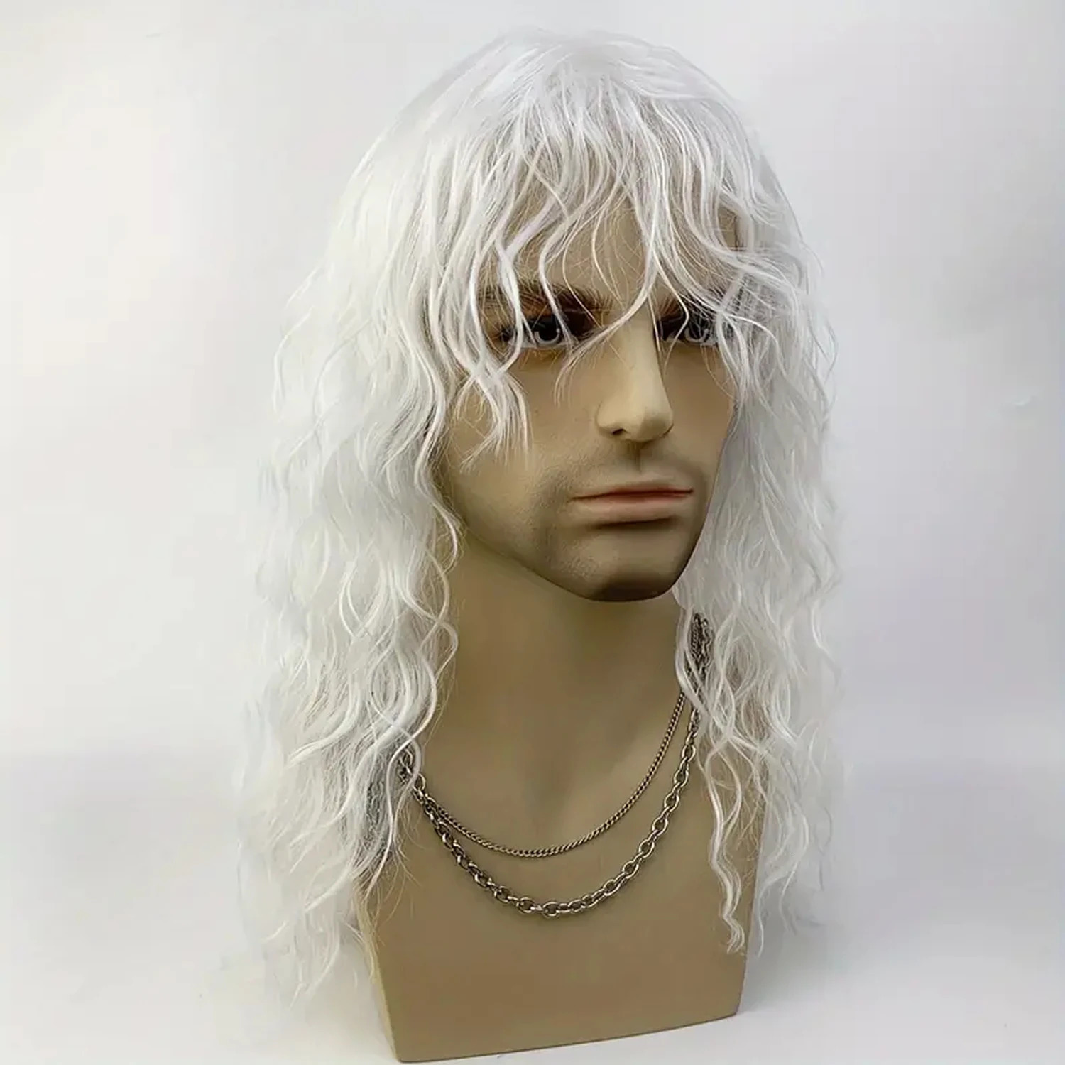 18 Inch Synthetic Rock Wig Men/Women Black White Bangs Long Wavy Curly Wig Party or Halloween Wig 241213