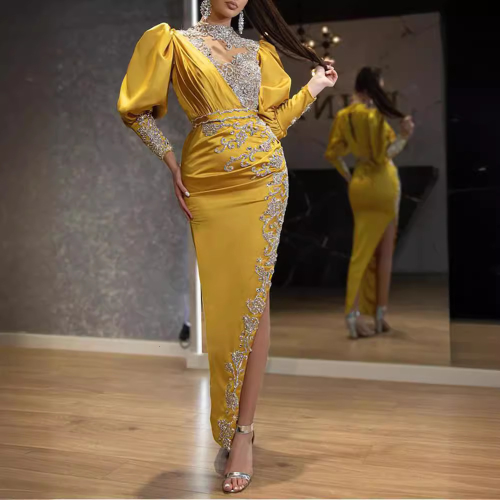 Spring New Sprinkled Gold Womens Wedding Dress Satin Large Display Long Dress Tailed Banquet Evening Dress