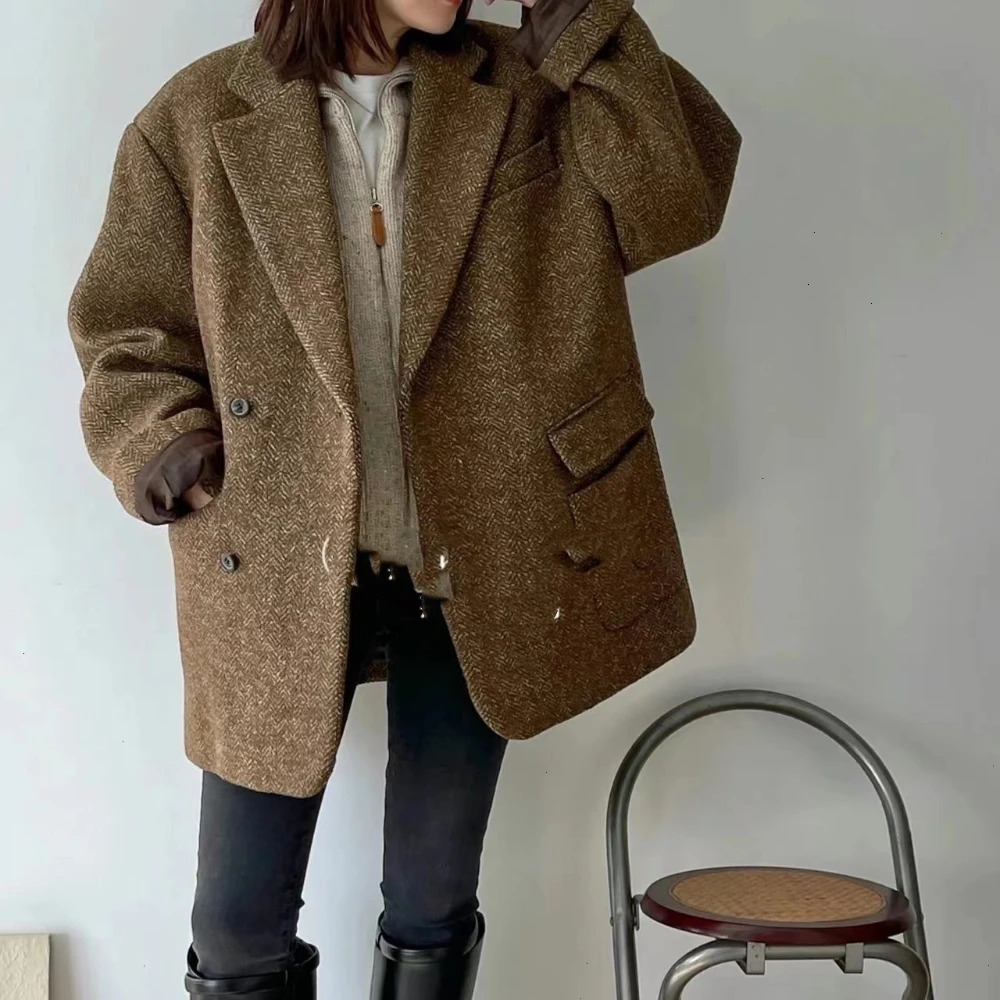 Womens Blazer Wool Blend Trench Woolen Pocket Jacket Fashion V Neck Long Sleeve Coat Female Fall Winter Chic Office Streetwear 241209