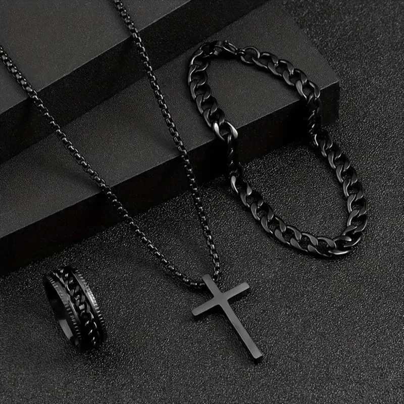 Punk Cross Pendant Necklace Bracelet Chain Ring Mens Set Simple Personality Hip Hop Party Three Piece Jewelry AccoriesXJ241214