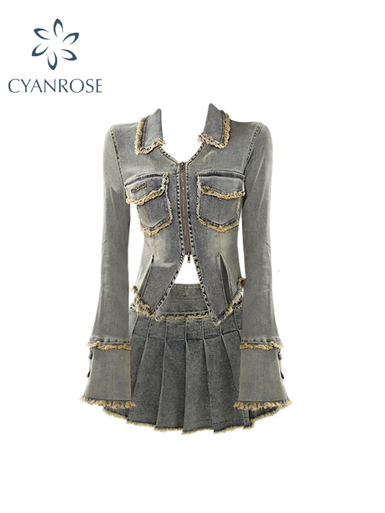 Womens two-piece retro A-Line mini denim skiing and long sleeved Harajuku Y2k skiing set 2000 pieces summer clothing 2024 241214