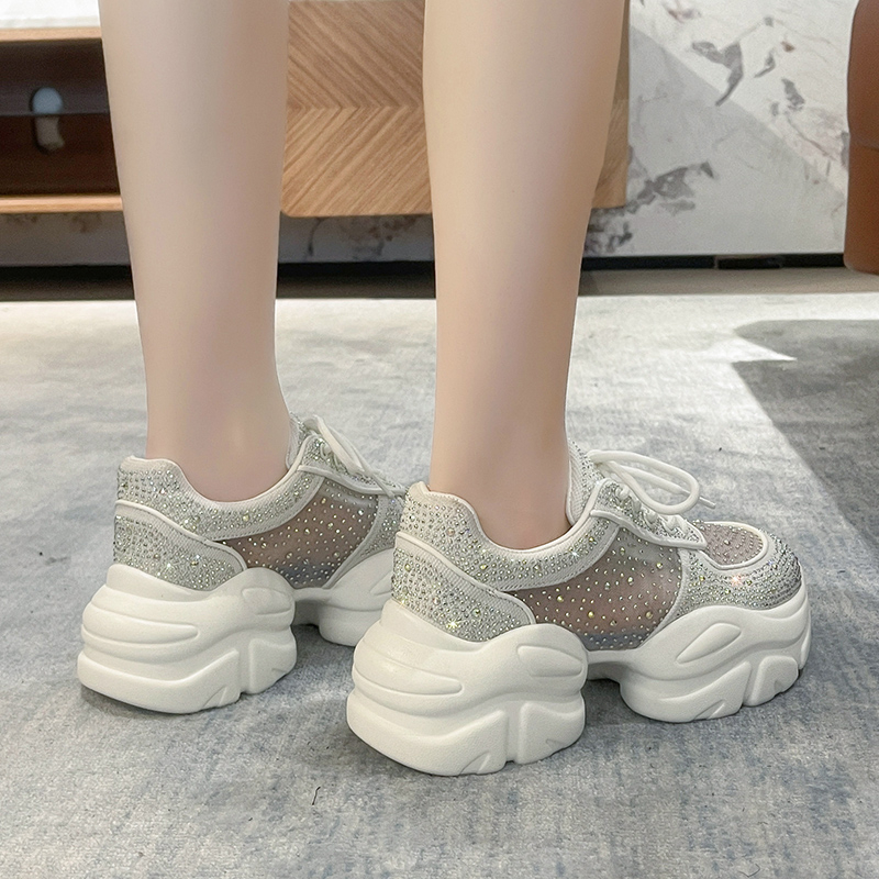 Women Fashion Skate Sneakers Women Thick Soled Shiny Shoes Sequin Increase Height Casual Shoes Luxury designer Lace-up Shiny Rhinestone Chunky Platfor