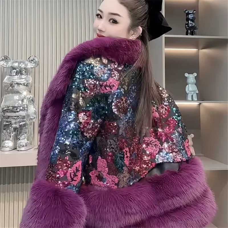 Womens faux fur coat fur collar jacket patchwork coat womens clothing luxury sequins new winter 2024 X241214