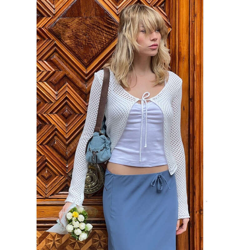 European and American spicy high-end top, women's sexy lace up, hollowed out see through knitted sweater, cardigan for women
