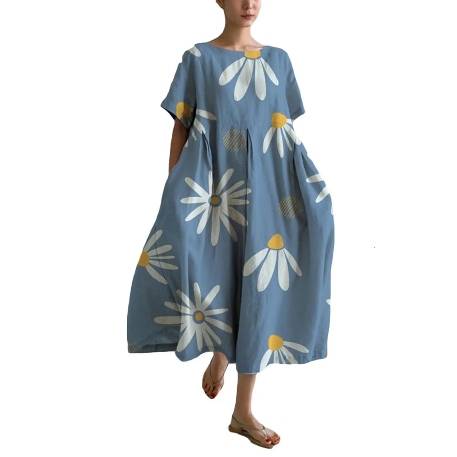 Summer European and American Womens Loose Round Neck Elegant Fashion High end Short Sleeve Printed Dress 241212